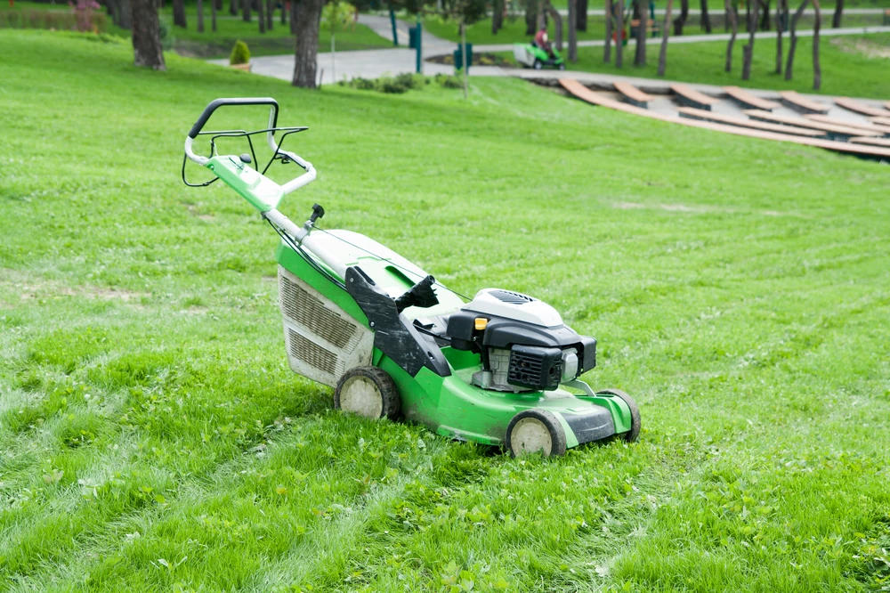 Green lawn mowing machine sits in thick grass on a sloping park lawn with trees and wooden ramps visible in the distance.